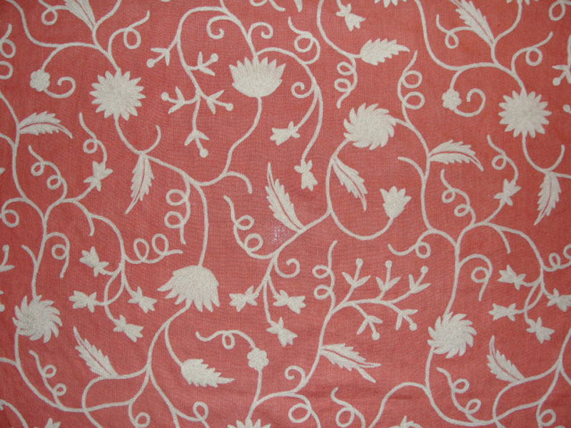 Crewel Fabric Floral Vine White on Coral Linen