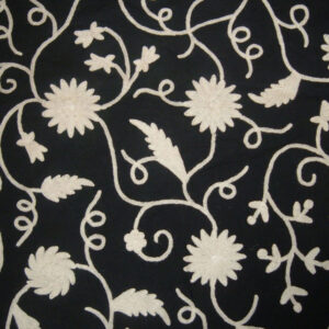 Crewel Fabric Floral Vine White On Black Nocturn Cotton Velvet
