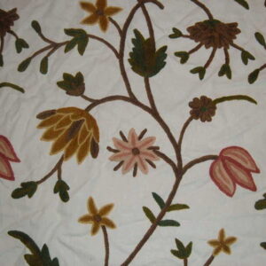 Crewel Fabric Flowers on Vine Off White Cotton Duck