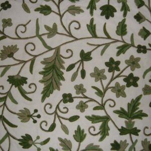 Crewel Fabric Khasan Green on White Cotton