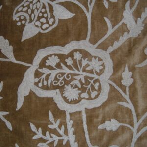Crewel Fabric Lotus Classic White on Tan Brown Cotton Velvet