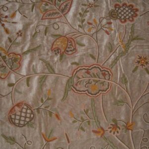 Crewel Fabric Lotus Naturals on Tan Brown Cotton Velvet