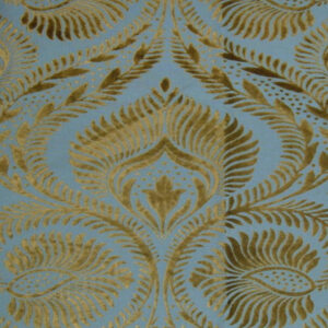 Crewel Fabric Peacock Green on Blissful Blue Brasso Velvet