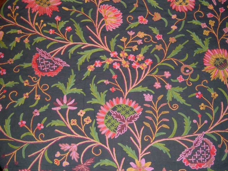 Crewel Fabric Tree Of Life Bright Colors on Black Cotton Duck
