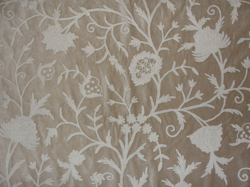 Crewel Fabric Tree of Life White on Light Brown Cotton Velvet