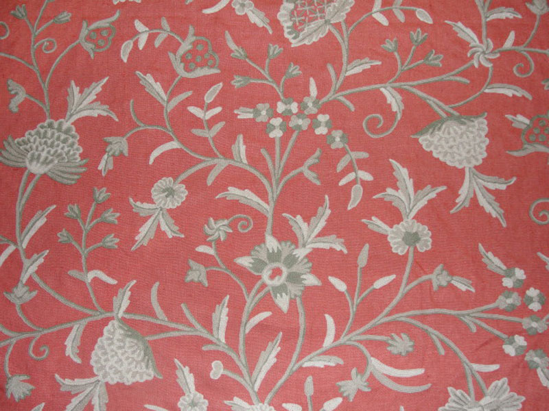 Crewel Fabric Tree of Life Neutrals on Bright Coral Linen