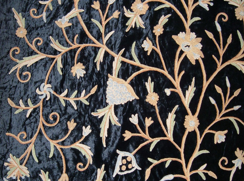 Crewel Fabric Tree of Life Mint Black Cotton Viscose Velvet