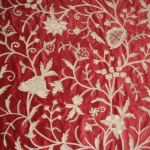 Crewel Fabric Tree of Life Neutrals on Red Cotton Velvet