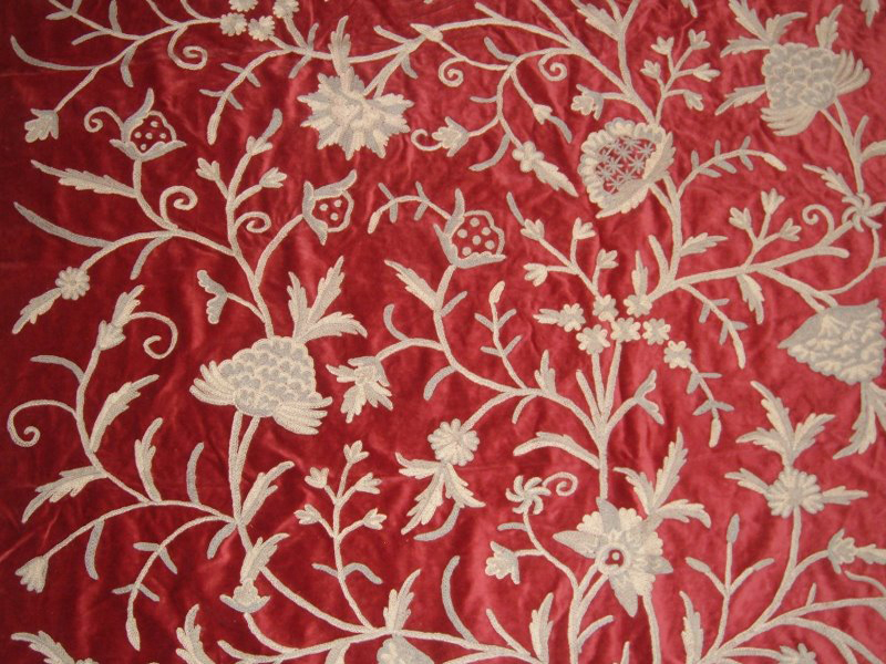Crewel Fabric Tree of Life Neutrals on Red Cotton Velvet