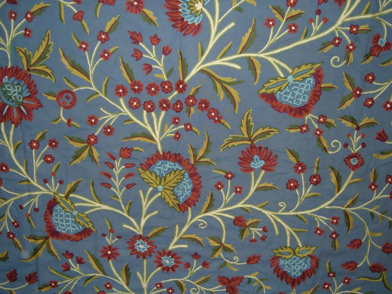 Crewel Fabric Tree of Life Red and Blue on Blue Cotton Duck