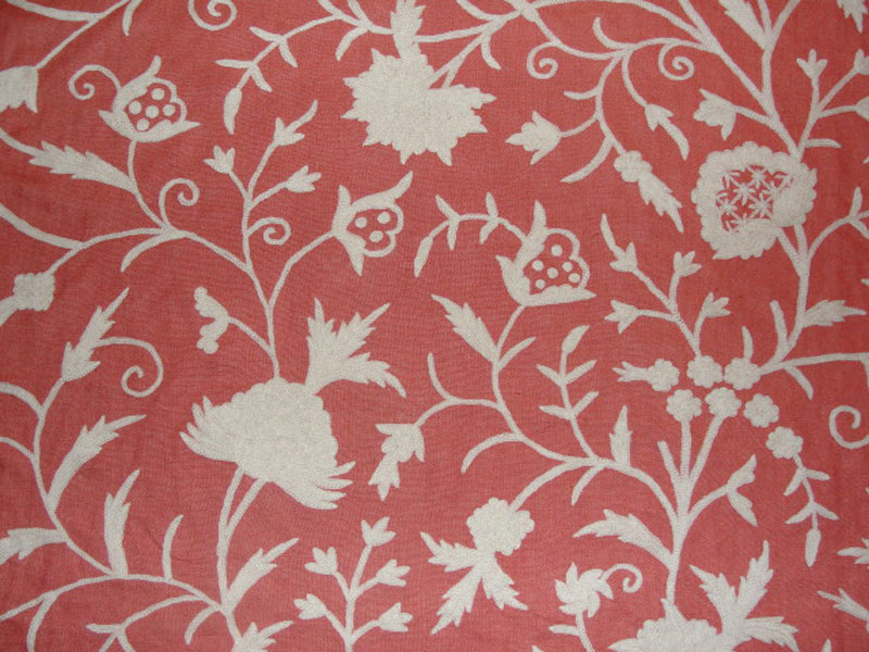 Crewel Fabric Tree of Life White on Bright Coral Linen
