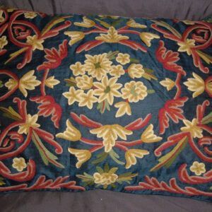 Crewel Pillow Blue Iris Hay Gold Silk Organza