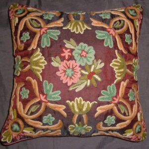 Crewel Pillow Art Nouveau Vermilion Silk Organza 20×21