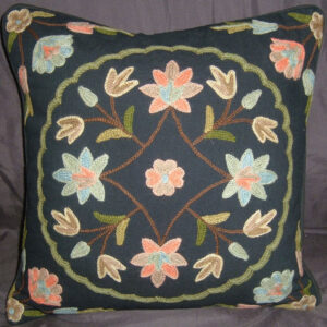 Crewel Pillow Button Pom Black Cotton
