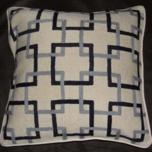 Crewel Pillow ChainStitch Interlaced Squares Blue on White Cotton