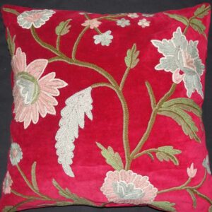 Crewel Pillow Winter Time Deep Red Cotton Velvet