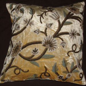 Crewel Pillow Curvilinear Blues on White Cotton Velvet