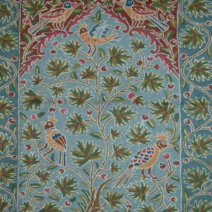 Crewel Rug Berry Birds Sky Blue Chain Stitched Wool Rug