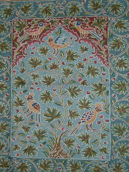Crewel Rug Berry Birds Sky Blue Chain Stitched Wool Rug