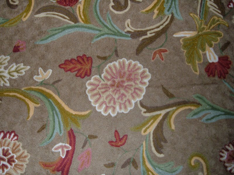 Crewel Rug Curve Brown Chain Stitched Wool Rug