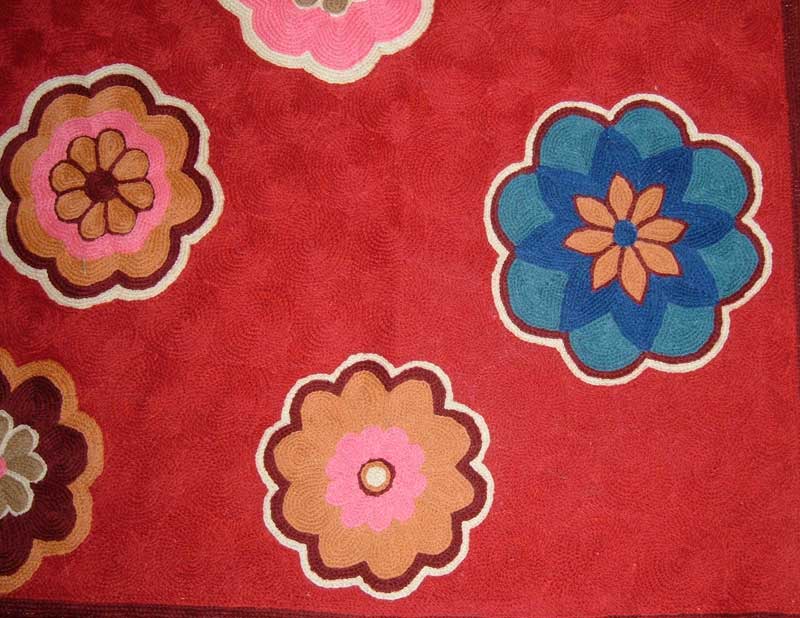 Crewel Rug Dashi Burgundy Chain Stitched Wool Rug