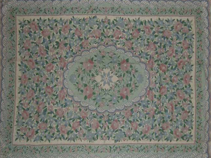 Crewel Rug Decorated Flowers Pastels Multi Chain Stitched Wool Rug