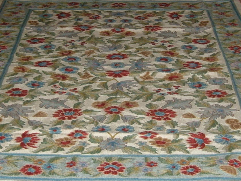 Crewel Rug Floral Vine Garden Multi Chain Stitched Wool Rug