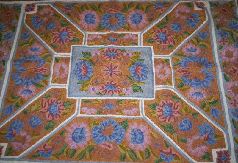Crewel Rug Gulrug Blue Chain Stitched Wool Rug