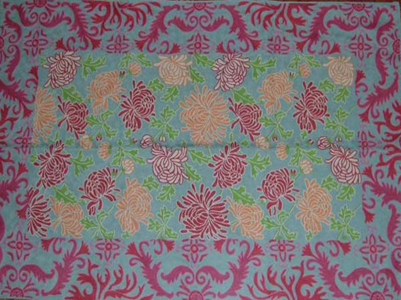 Crewel Rug Lotus Borders with Pink and Green Chain Stitched Wool