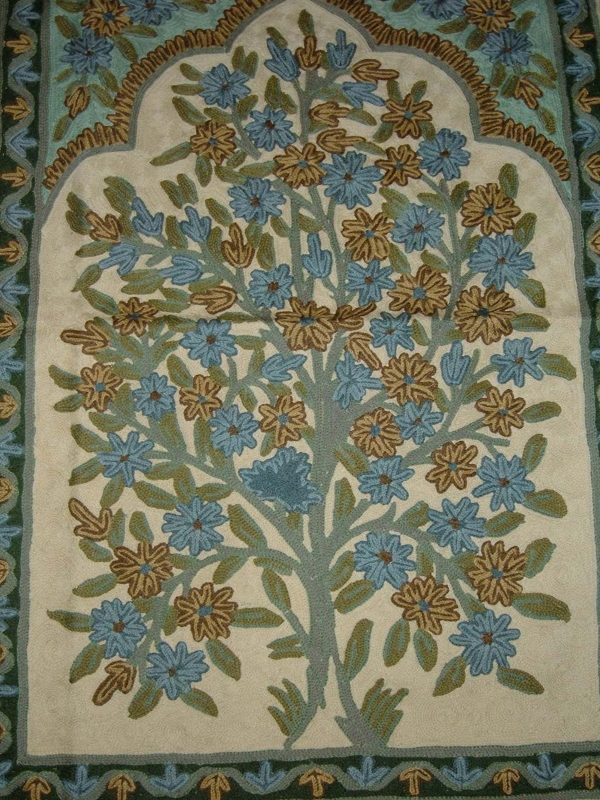 Crewel Rug Pathway Blue Chain Stitched Wool Rug