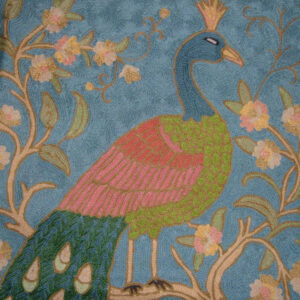 Crewel Rug Perched Peacock Blue Chain Stitched Wool Rug