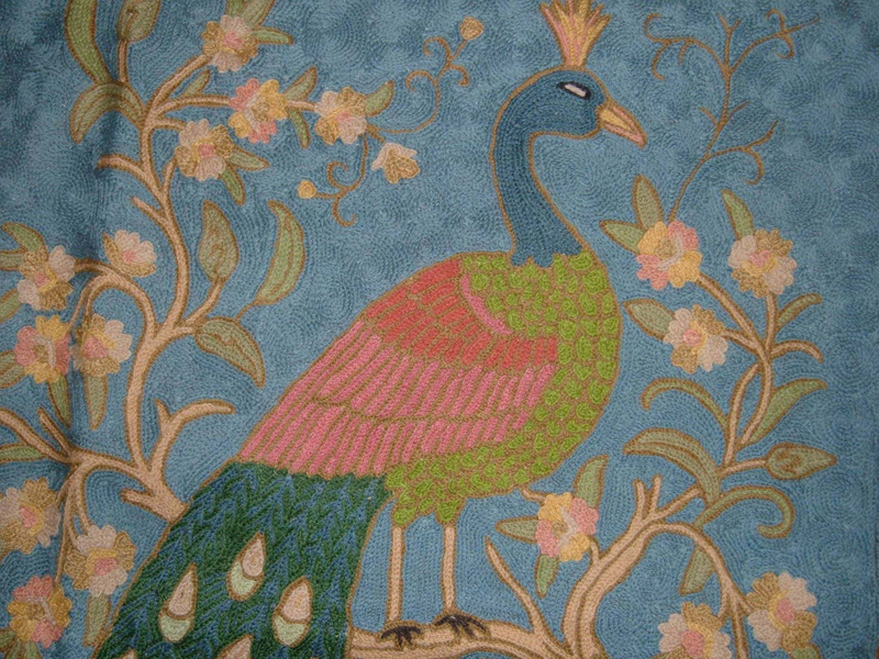Crewel Rug Perched Peacock Blue Chain Stitched Wool Rug