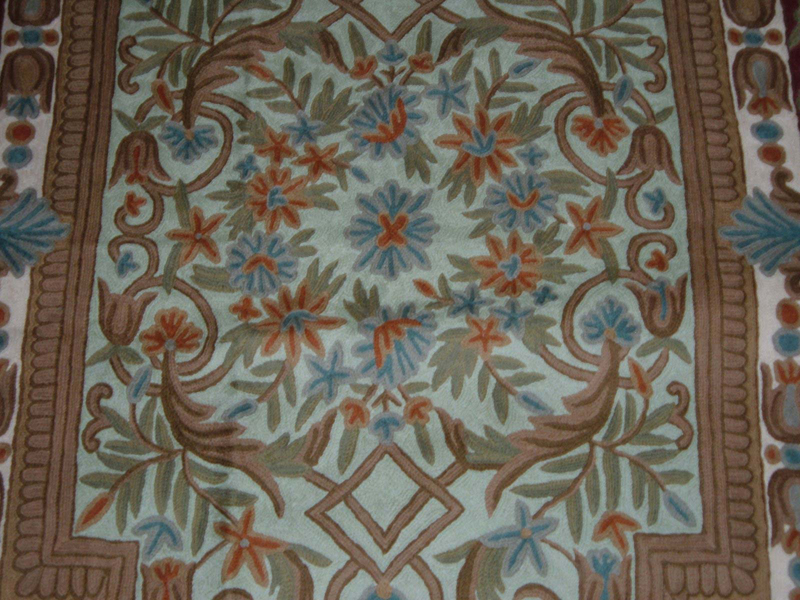 Crewel Rug Pool of Flowers Brown Chain Stitched Wool Rug
