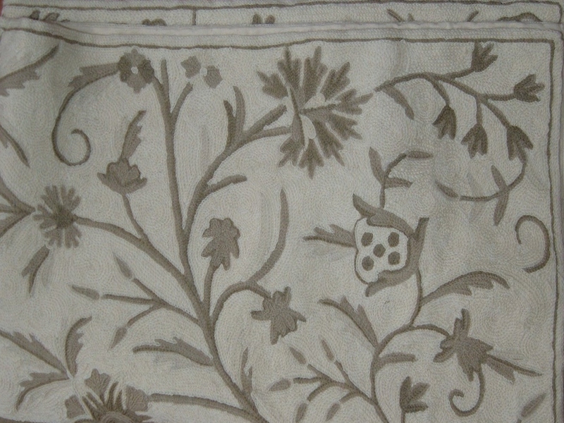 Crewel Rug Tree of Life Neutrals on White Chain Stitched Wool Rug