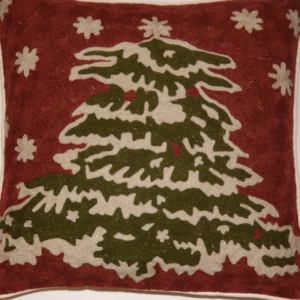 Crewel Pillow Christmas Tree Greens on Gypsy Red