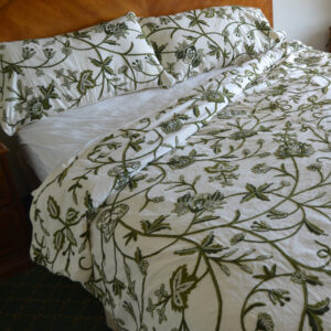 Crewel Bedding Leaves Green on White Cotton Crewel Duvet Cover