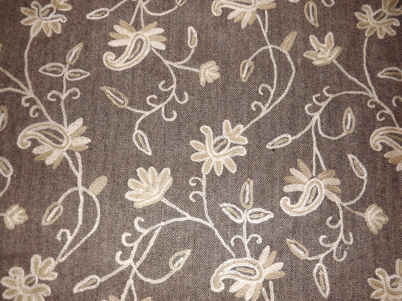 Crewel Fabric Almond Flora Dark Nutmeg Brown Wool