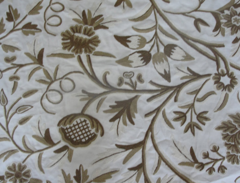 Crewel Fabric Amanda Browns on Off White Cotton