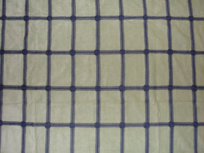 Crewel Fabric Antique Gate Blues on Sea Foam Green Cotton Velvet