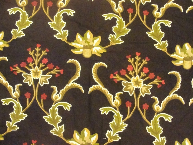Crewel Fabric Bloom Red and Gold on Black Cotton Duck