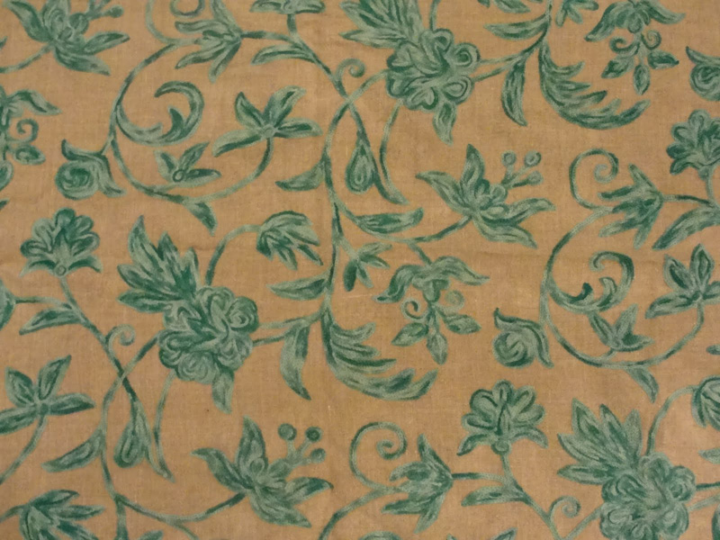 Crewel Fabric Blue Vines Tie-Dyed on Natural Brown Club Linen