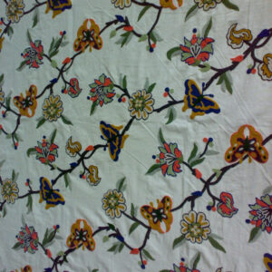 Crewel Fabric Butterfly n blooms on off white Cotton Duck