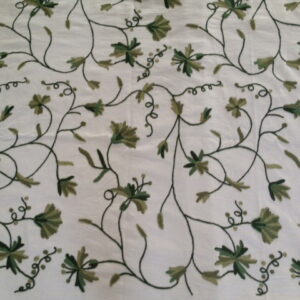 Crewel Fabric Butterflies on vines Green on White Cotton Duck