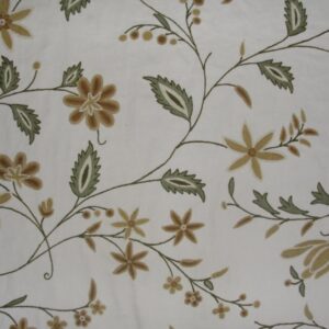 Crewel Fabric Criss Crossed Vines Forest Colors on Off White Cot