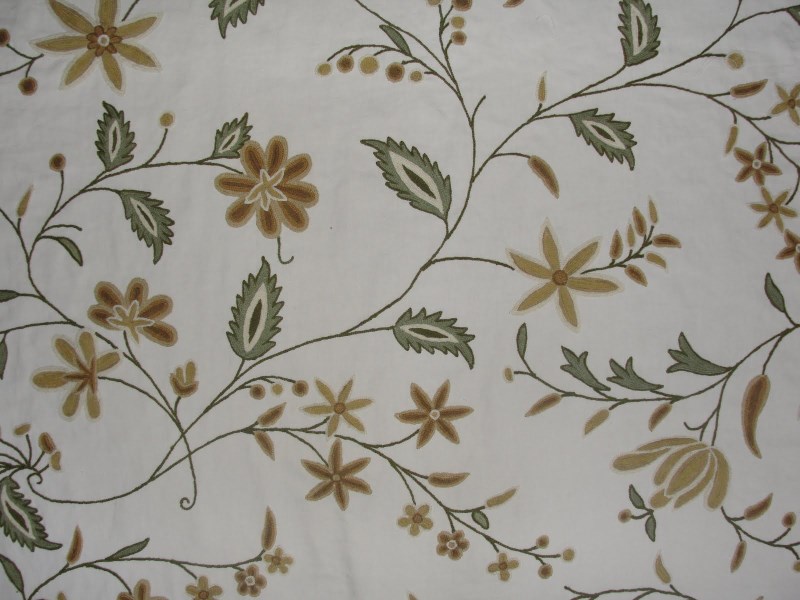 Crewel Fabric Criss Crossed Vines Forest Colors on Off White Cot