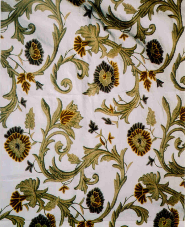 Crewel Fabric Curve Forest Colors on Off White Cotton Duck