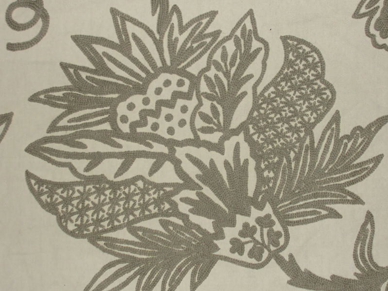 Crewel Fabric Flora Grey of Off White Cotton