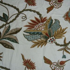 Crewel Fabric Flora Multi Color on White Cotton