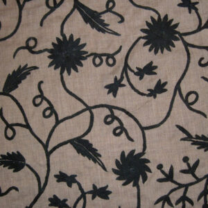 Crewel Fabric Floral Vine Black on Dark Melange Wool