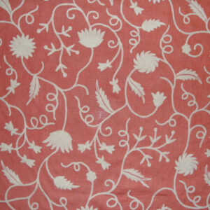 Crewel Fabric Floral Vine White on Coral Linen